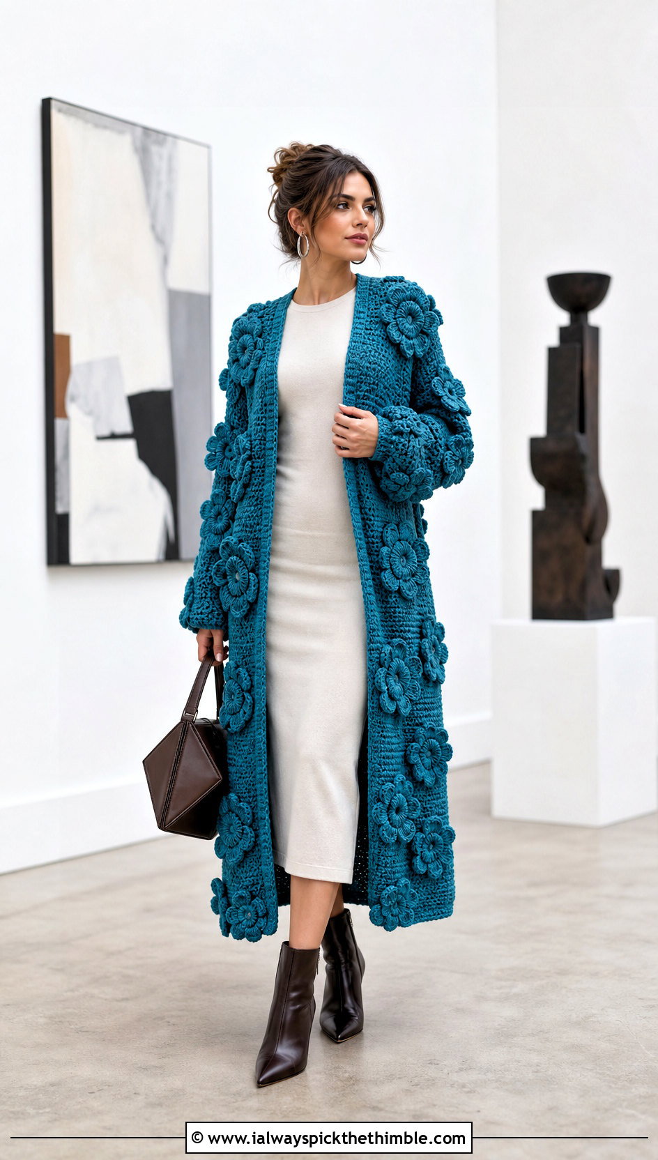 Longline Crochet Puff Flower Cardigan With Column Dress - 15 Crochet Puff Flower Cardigan outfit ideas