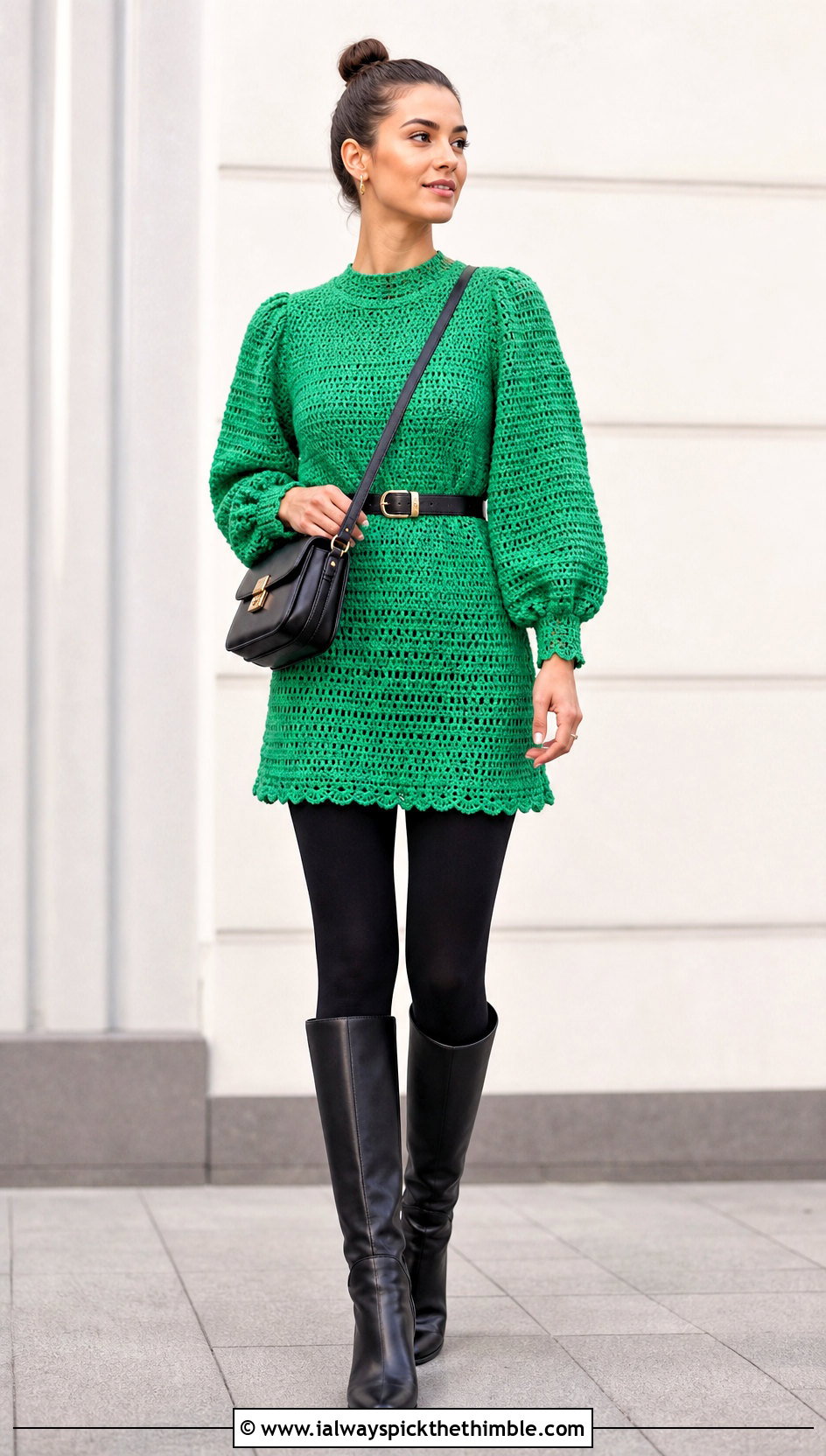 Longline Crochet Puff Sleeve Tunic Top With Leggings - 25 crochet puff sleeve top outfit ideas