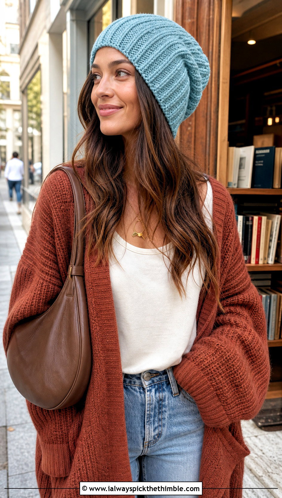 Longline Crochet Ribbed Beanie With Oversized Cardigan - 25 crochet ribbed beanie outfit ideas