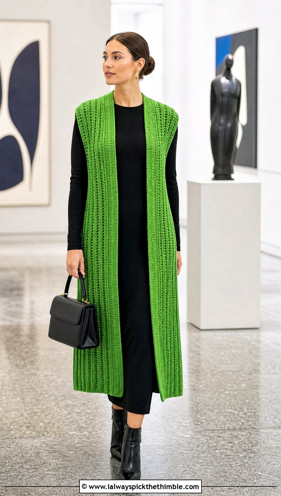 Longline Crochet Ribbed Vest With Column Dress - 20 crochet ribbed vest outfit ideas