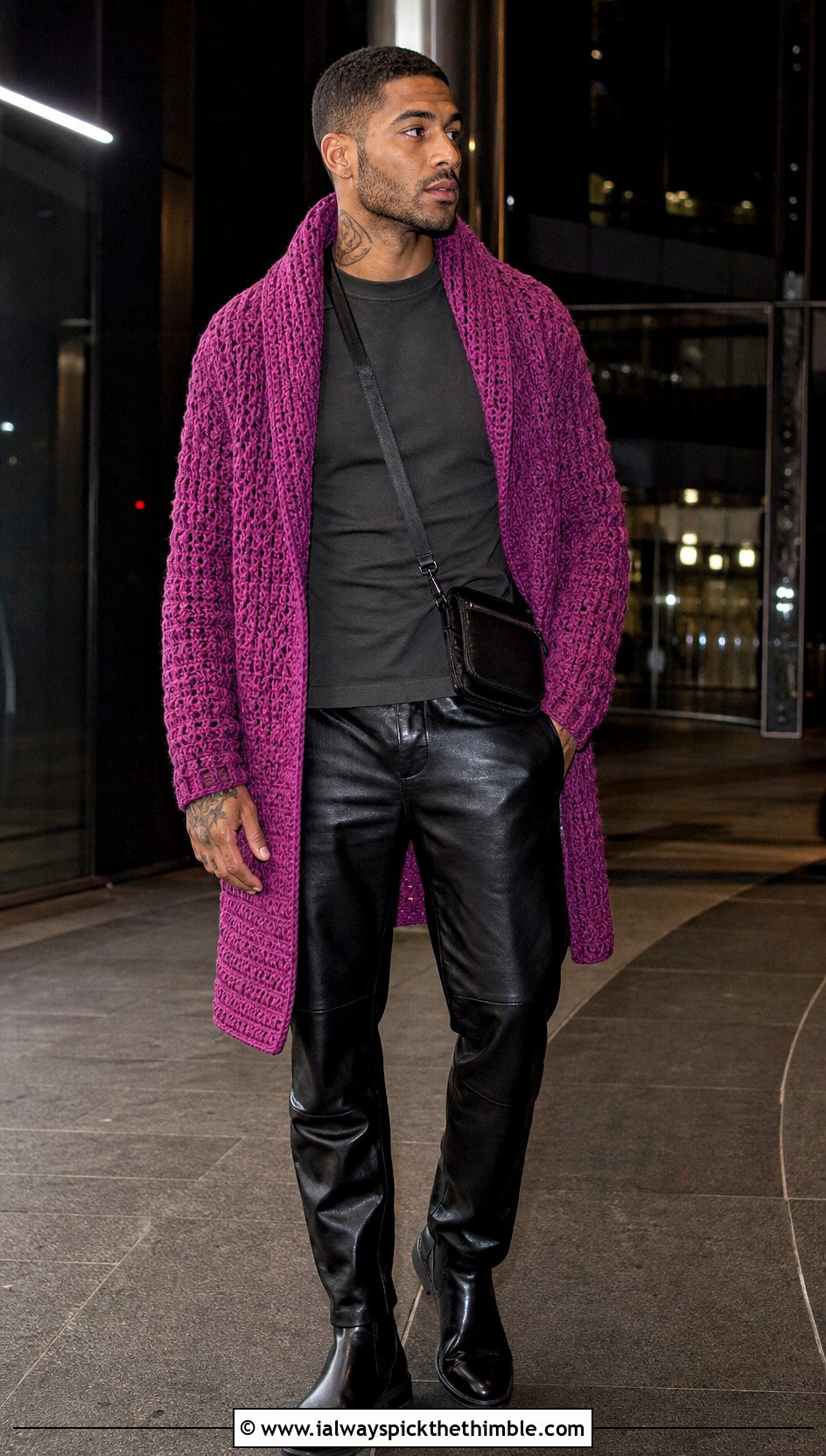 Longline Crochet Shawl Collar Cardigan With Leather Pants - 20 Mens Crochet Shawl Collar Cardigan outfit ideas