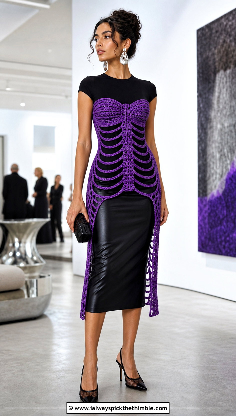 Longline Crochet Skeleton Corset With Leather Midi Skirt - 15 crochet skeleton corset outfit ideas