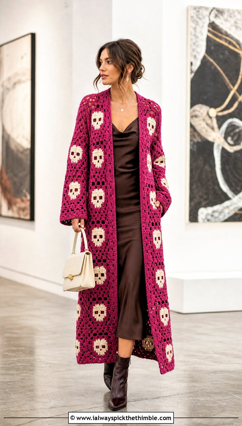 Longline Crochet Skull Granny Square Cardigan With Satin Slip Dress - 20 crochet skull granny square cardigan outfit ideas