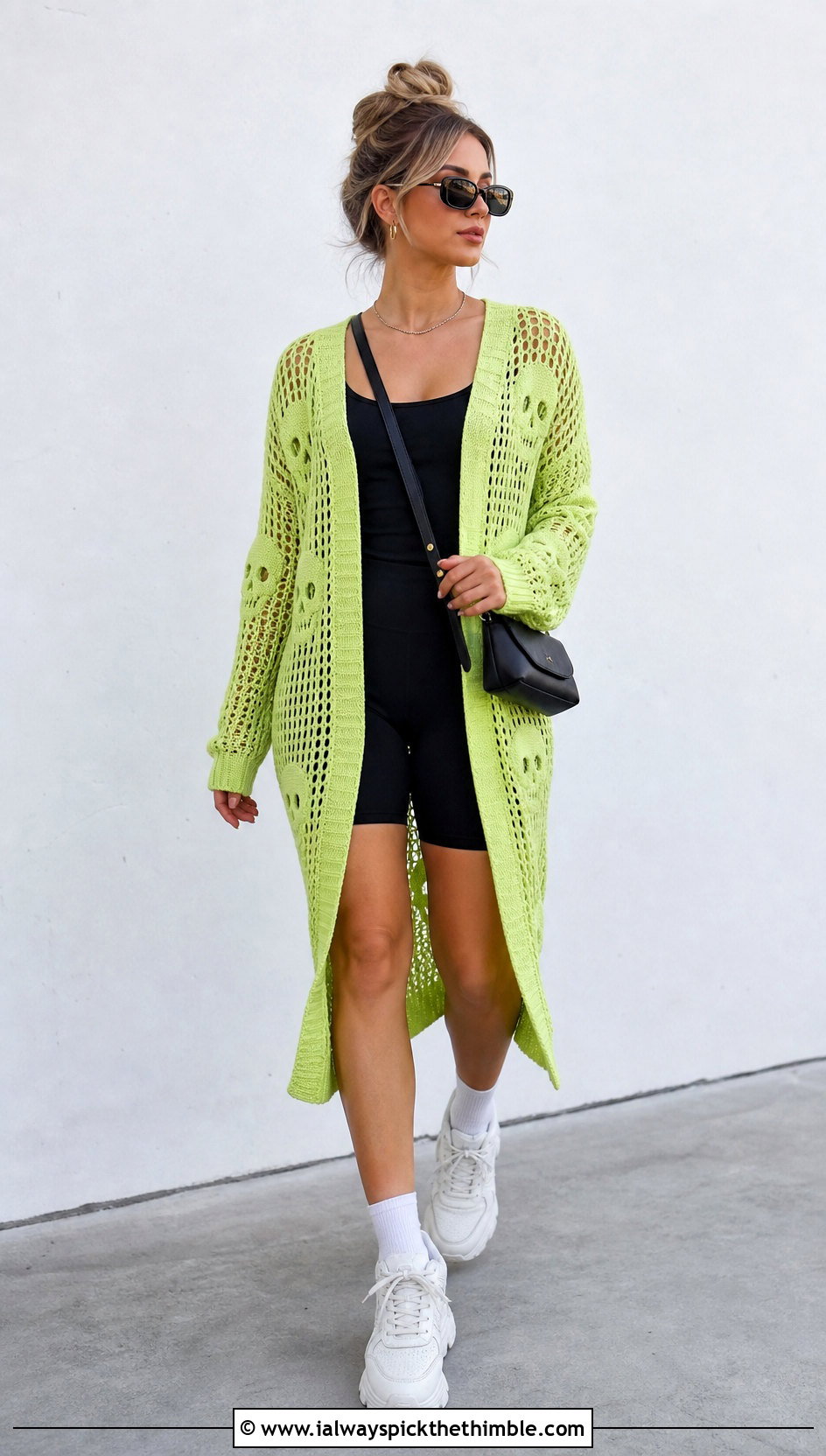 Longline Crochet Skull Sweater With Biker Shorts - 25 crochet skull sweater outfit ideas