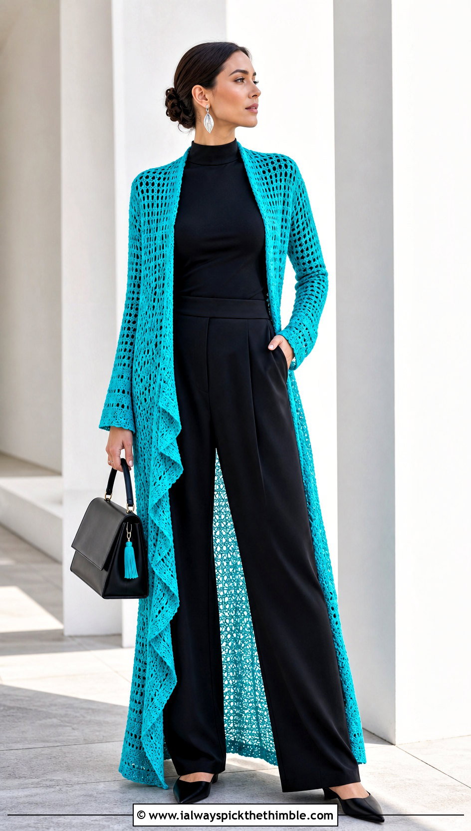 Longline Crochet Sleeve Wrap With Monochrome Separates - 20 crochet wrap around shrug with sleeves outfit ideas