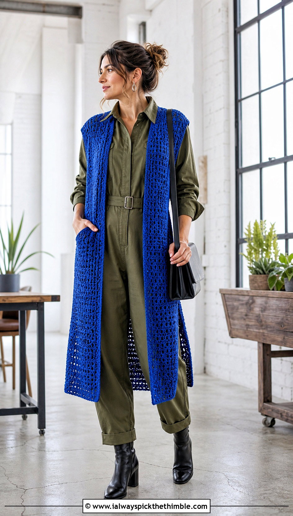 Longline Crochet Slipover Vest With Belted Jumpsuit - 15 crochet slip over vest outfit ideas