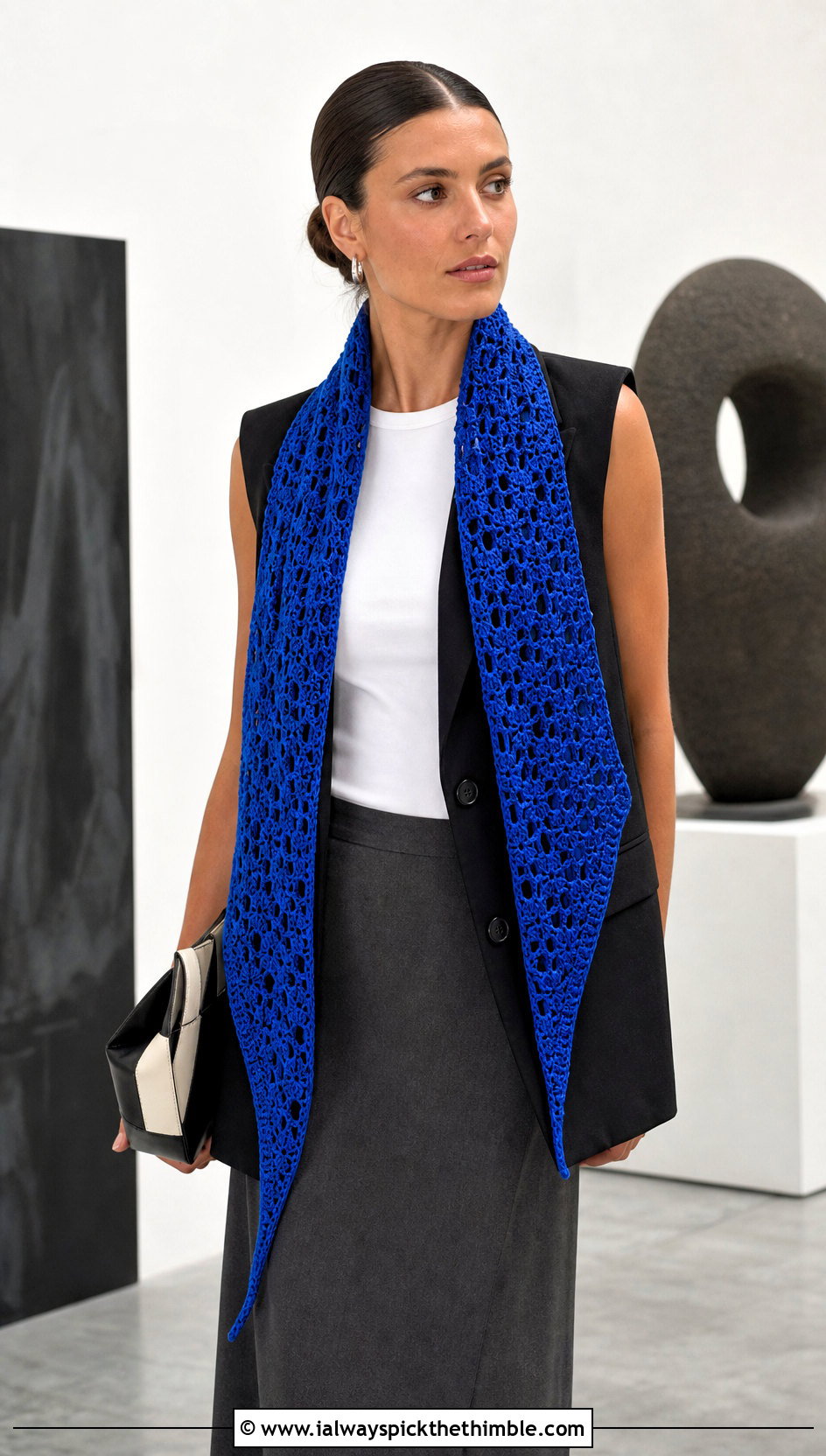 Longline Crochet Sophie Scarf With Suit Vest And Maxi Skirt - 25 crochet sophie scarf outfit ideas