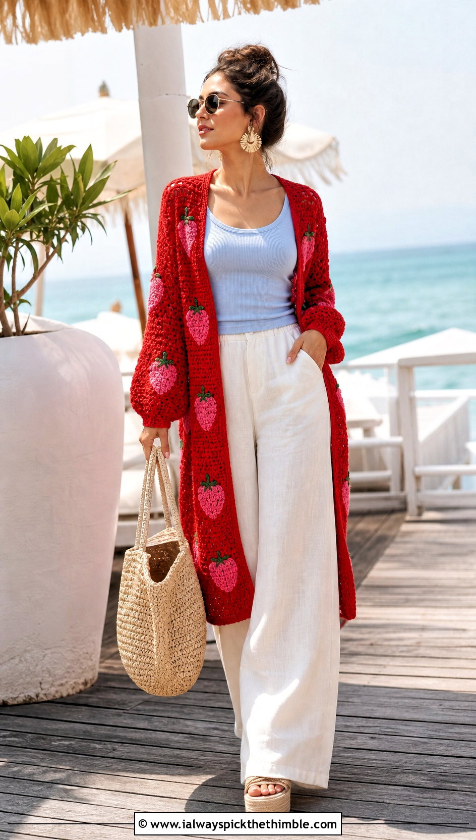 Longline Crochet Strawberry Cardigan With Linen Pants - 25 crochet strawberry cardigan outfit ideas