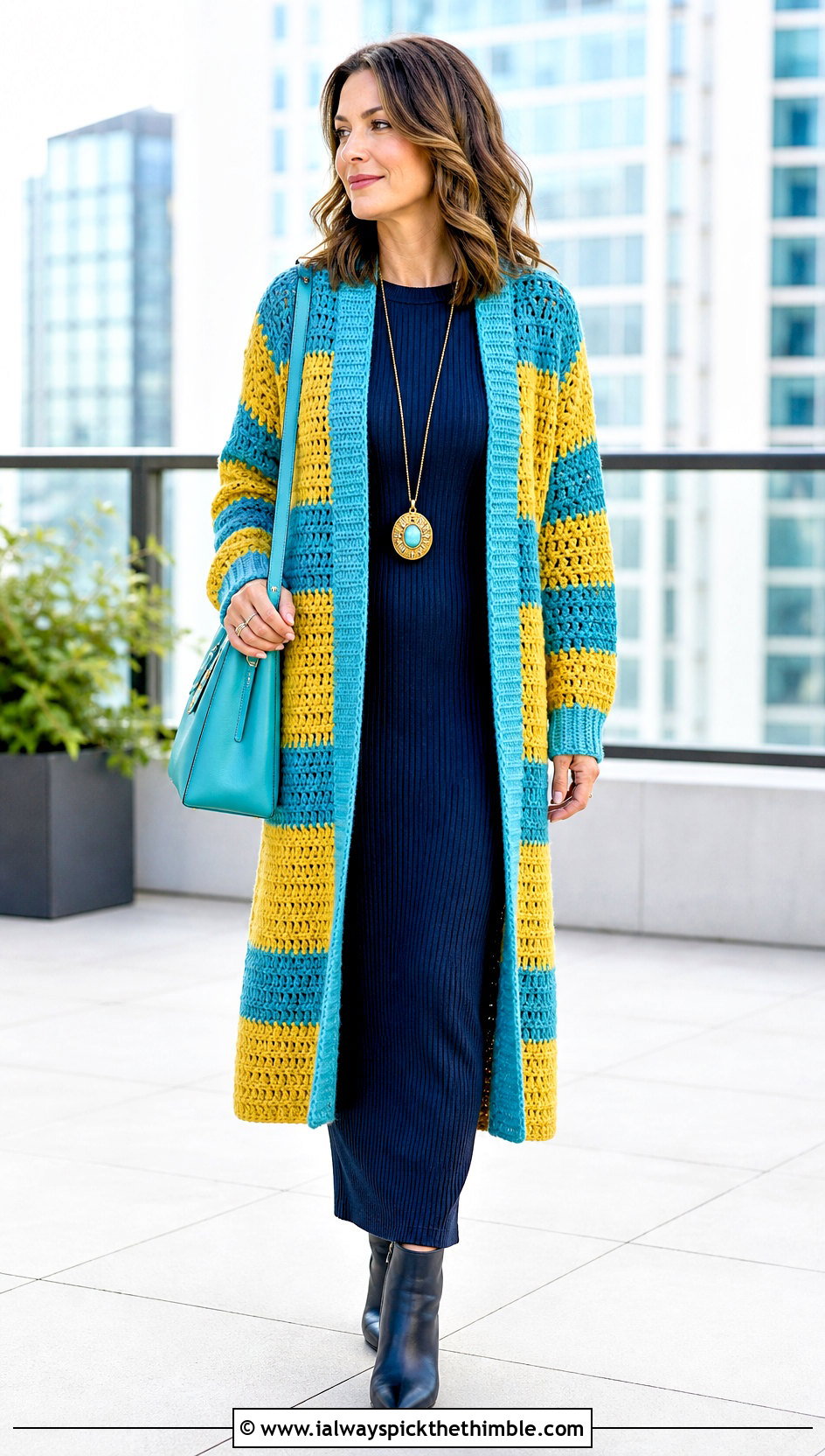 Longline Crochet Striped Cardigan Sweater With Column Dress - 15 Crochet Stripped Sweater outfit ideas