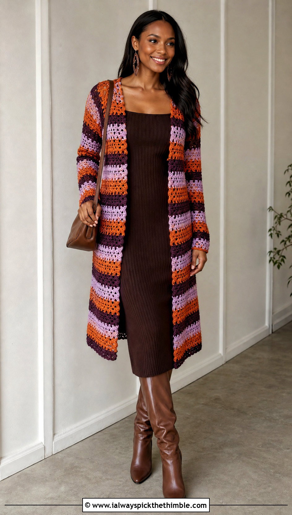 Longline Crochet Striped Sweater With Column Dress - 25 crochet striped sweater outfit ideas