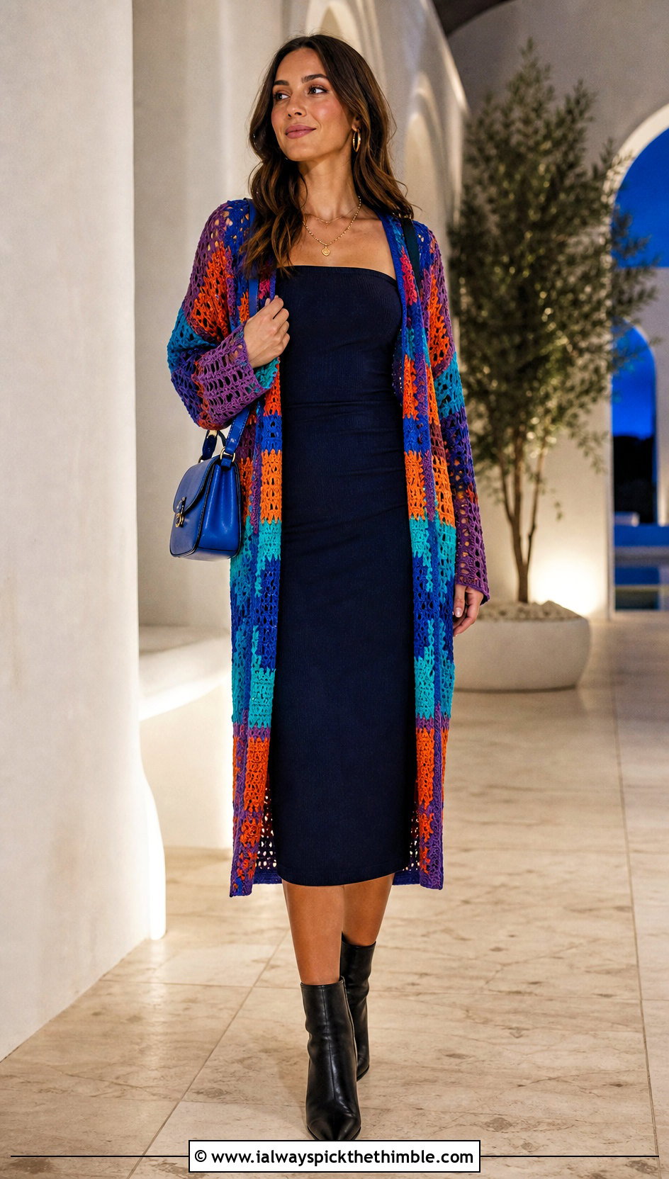 Longline Crochet Sweater Cardigan With Column Dress - 25 crochet sweaters women outfit ideas