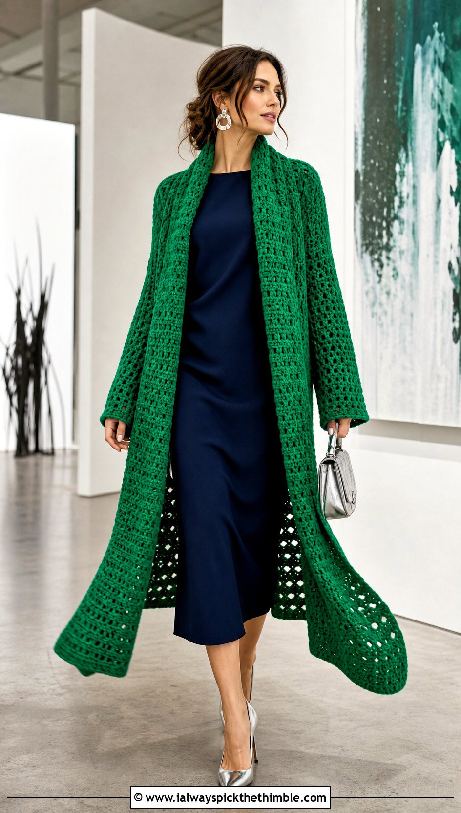 Longline Crochet Sweater Scarf With Column Dress - 25 crochet sweater scarf outfit ideas