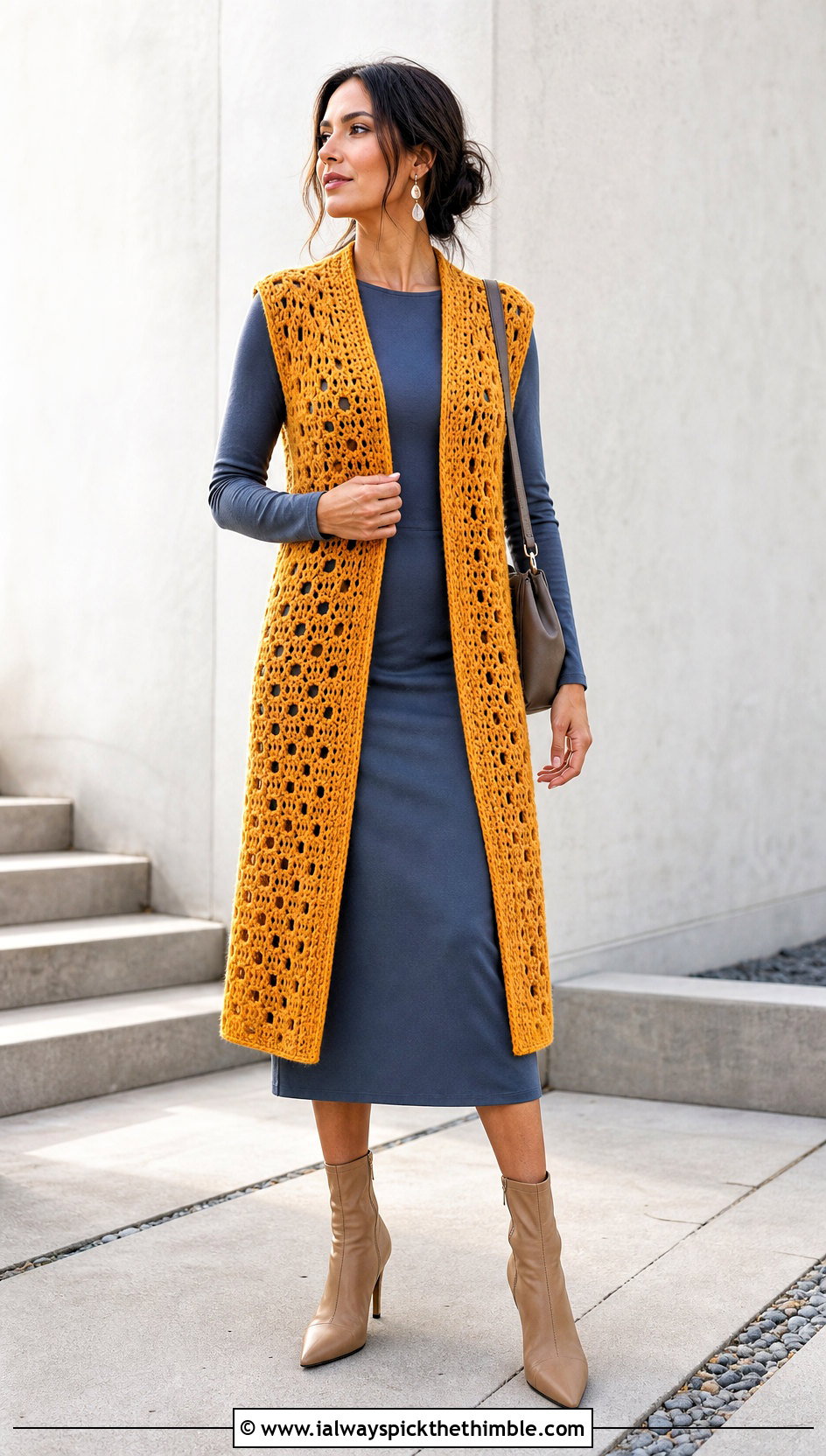 Longline Crochet Sweater Vest With Column Dress - 20 easy crochet sweater vest outfit ideas