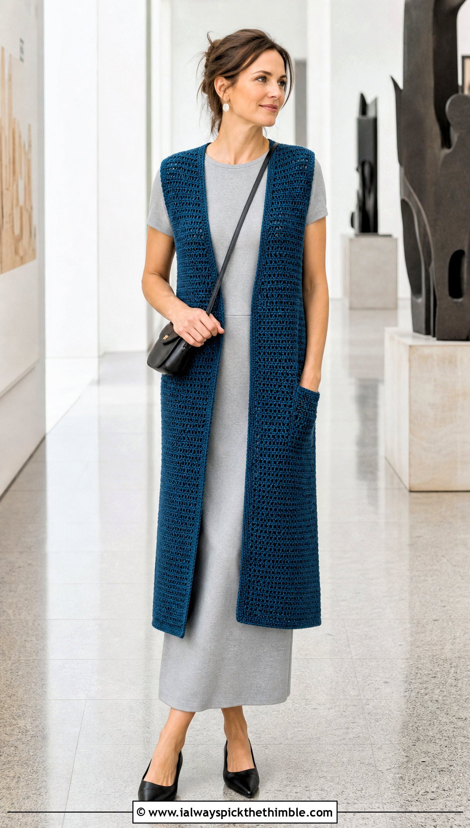 Longline Crochet Sweater Vest With Column Skirt - 15 basic crochet sweater vest outfit ideas