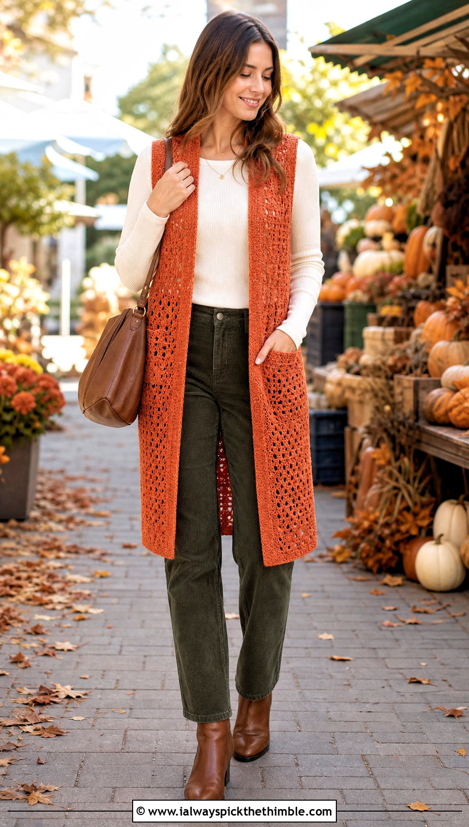 Longline Crochet Sweater Vest With Corduroy Pants - 25 crochet sweater vest outfit ideas