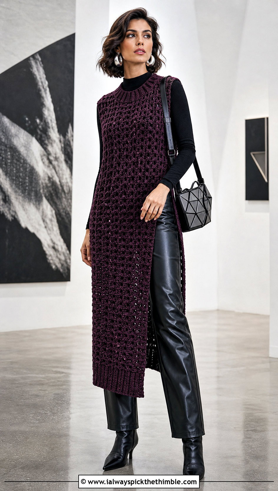 Longline Crochet Sweater Vest With Leather Pants - 15 Handmade Crochet Sweater Vest outfit ideas