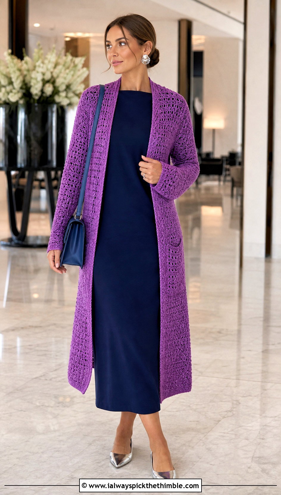 Longline Crochet Sweater With A Column Dress - 20 crochet key sweater outfit ideas
