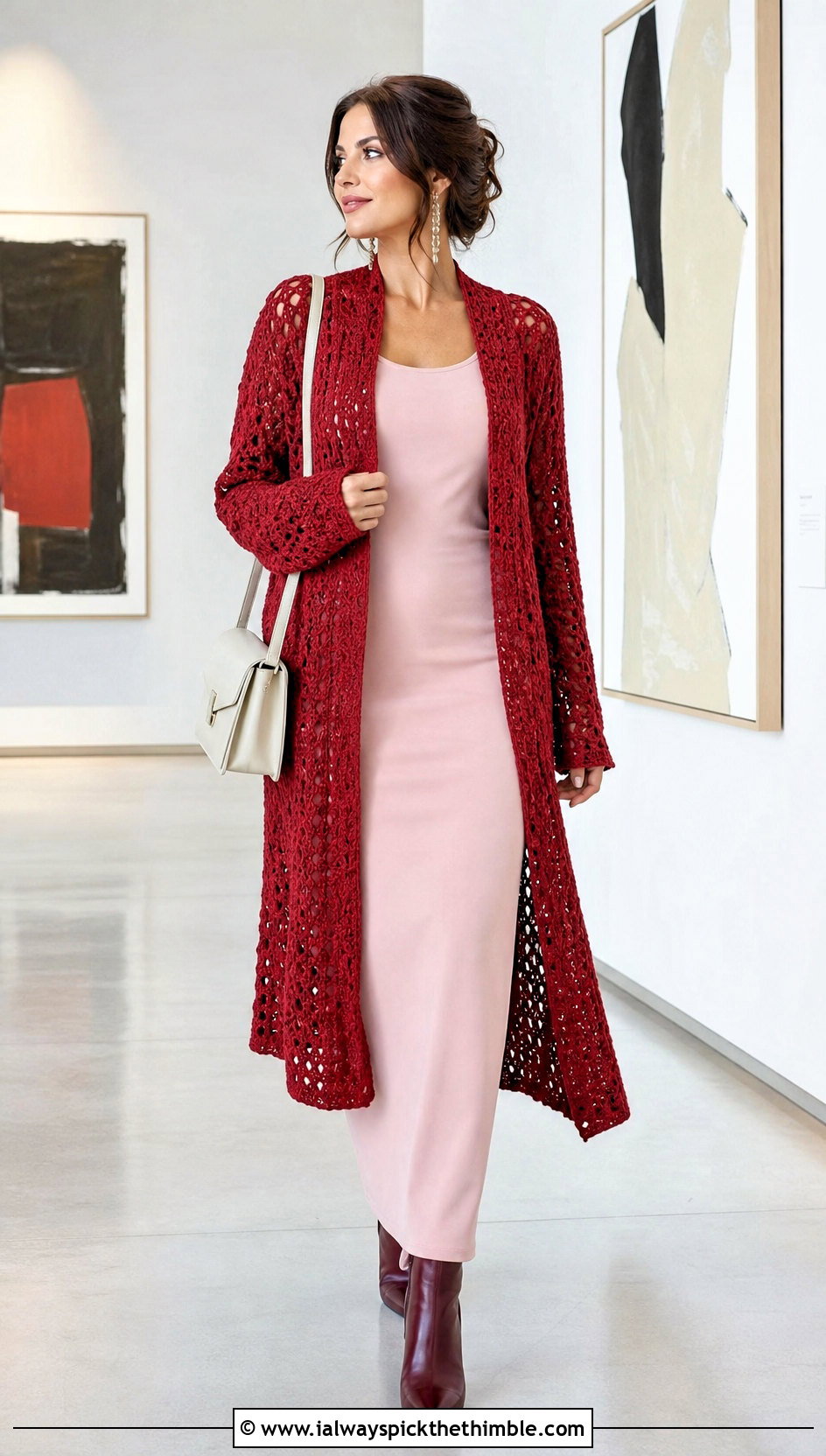 Longline Crochet Sweater With Column Dress - 20 Boho Crochet Sweater outfit ideas