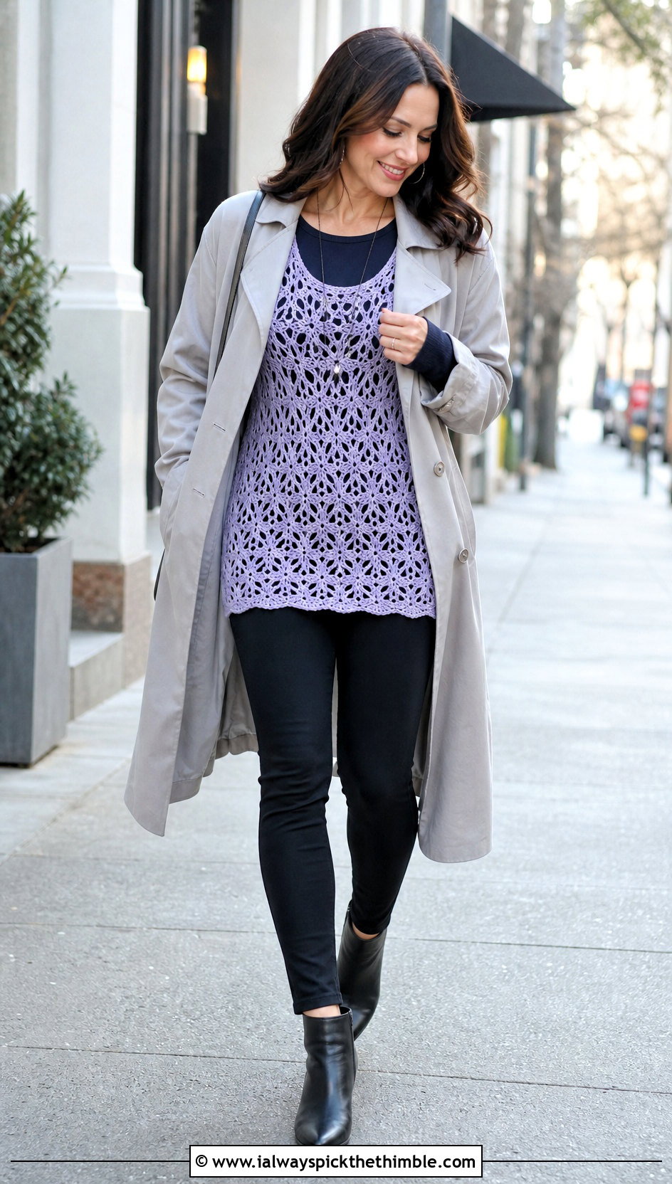 Longline Crochet Tank Top With Leggings And Trench Coat - 15 diy crochet tank top outfit ideas