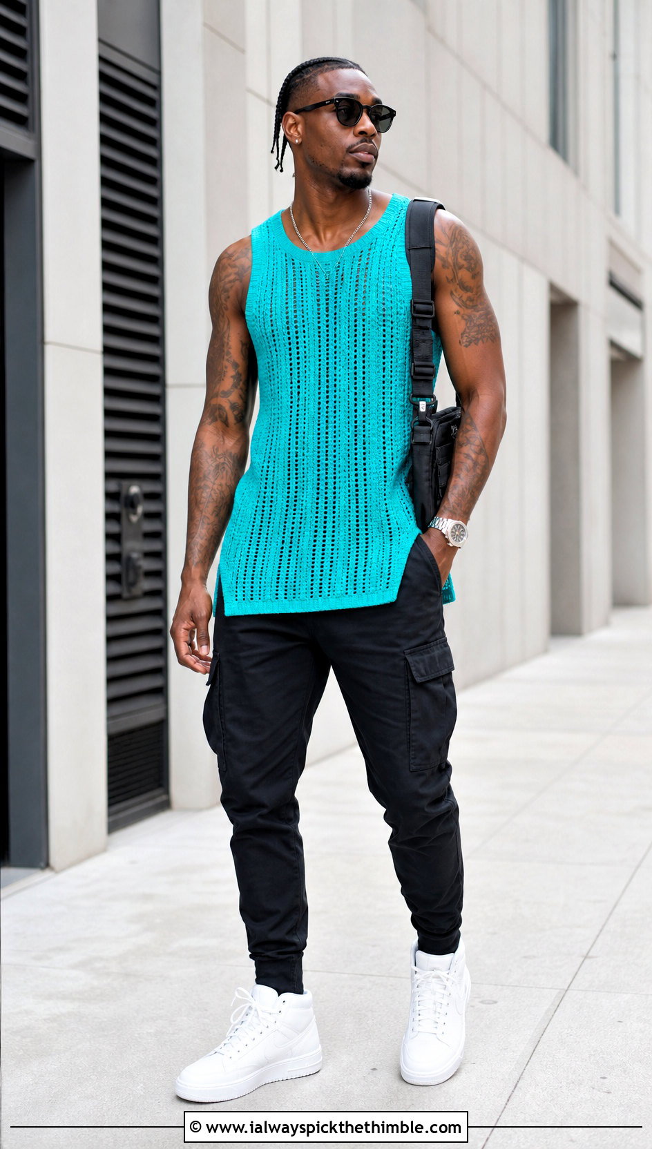 Longline Crochet Tank Top With Slim Cargo Trousers - 20 crochet mens tank top outfit ideas