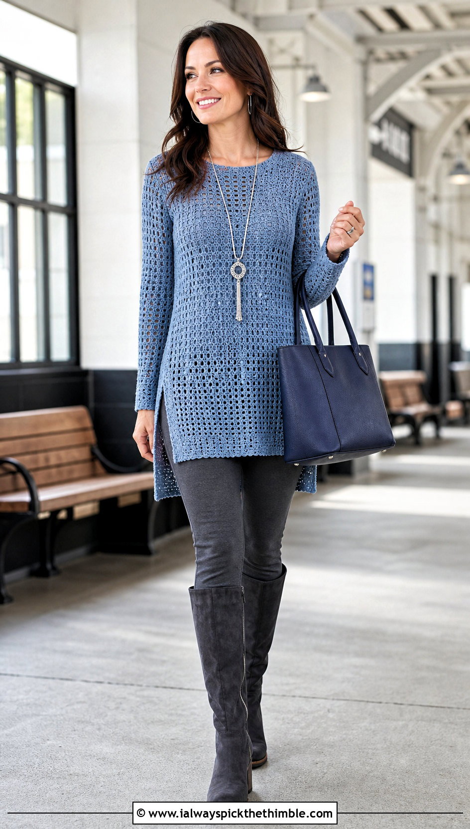 Longline Crochet Tunic Sweater With Slim Pants - 20 Easy Crochet Sweater For Women outfit ideas