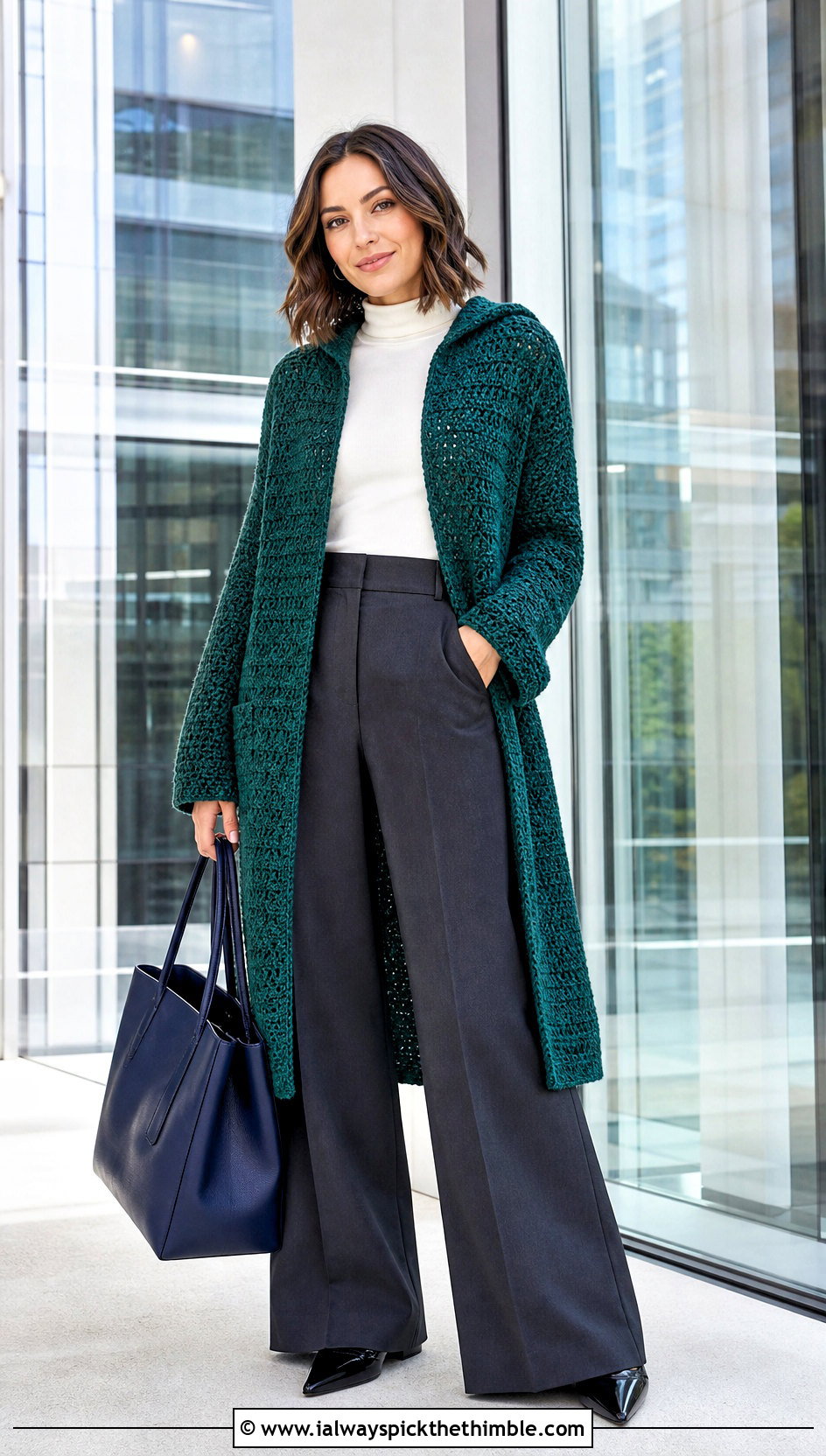 Longline Crochet Turtleneck Hoodie With Tailored Trousers - 20 crochet turtle neck hoodie outfit ideas