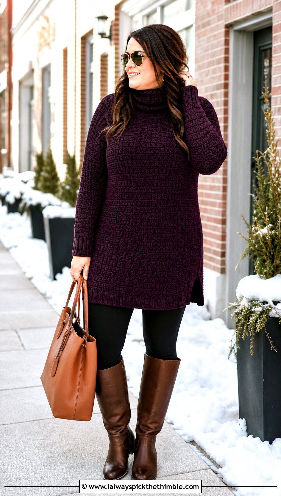 Longline Crochet Turtleneck Sweater With Leggings And Riding Boots - 20 crochet turtleneck sweater outfit ideas