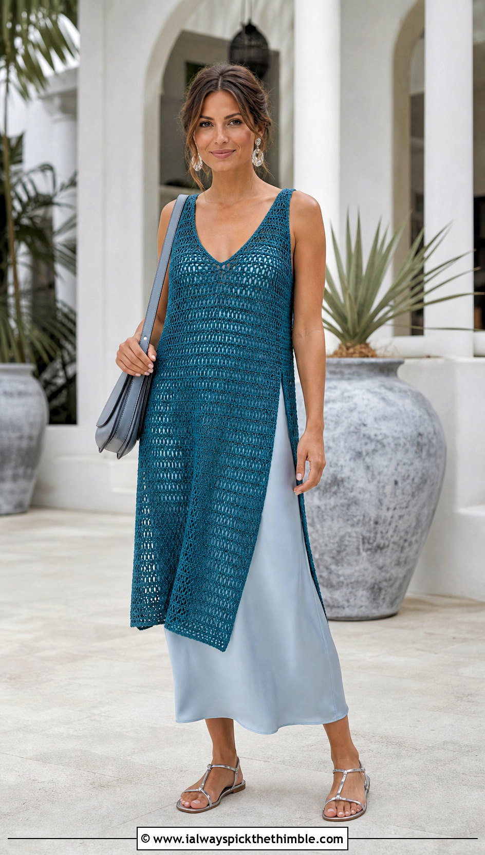 Longline Crochet V Neck Tank Top Over A Slip Dress - 20 crochet v neck tank top outfit ideas