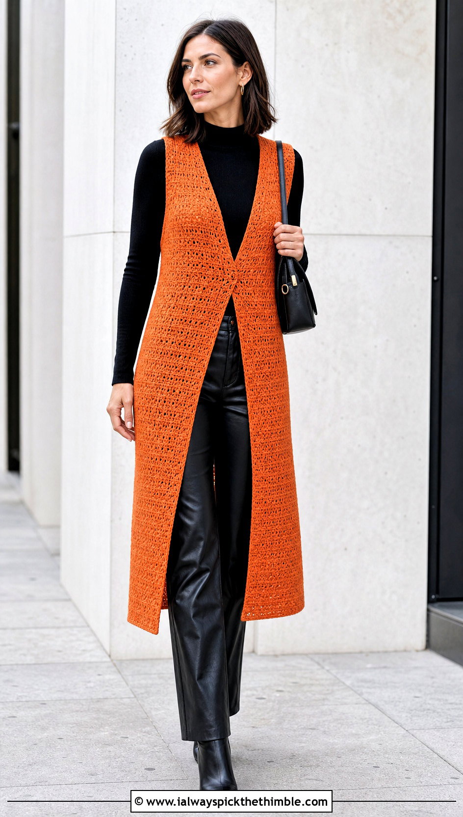 Longline Crochet V Neck Vest With Leather Pants - 20 crochet v neck vest outfit ideas
