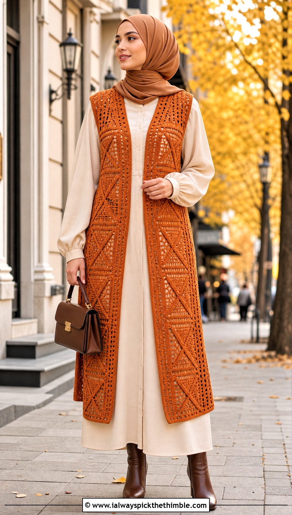Longline Crochet Vest Top With Shirt Dress - 20 crochet top hijabi outfit ideas