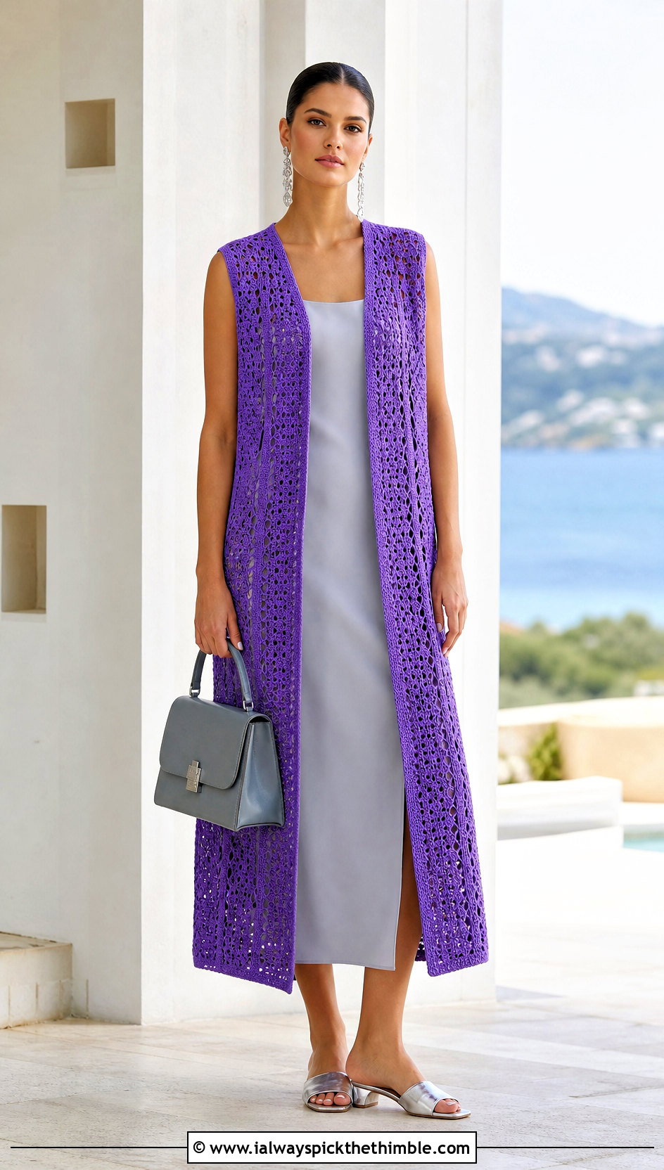 Longline Crochet Vest With Column Dress - 25 crochet vest outfit ideas