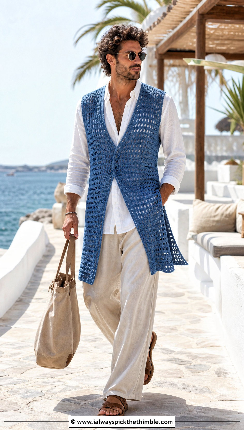 Longline Crochet Vest With Linen Shirt And Wide Leg Pants - 20 mens crochet vest outfit ideas