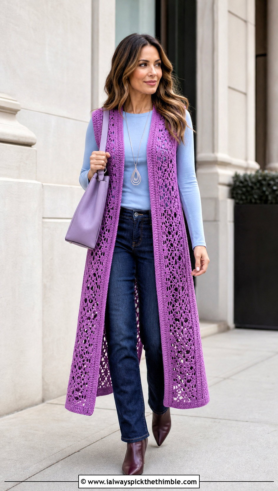 Longline Crochet Vest With Slim Jeans - 25 easy crochet vest outfit ideas