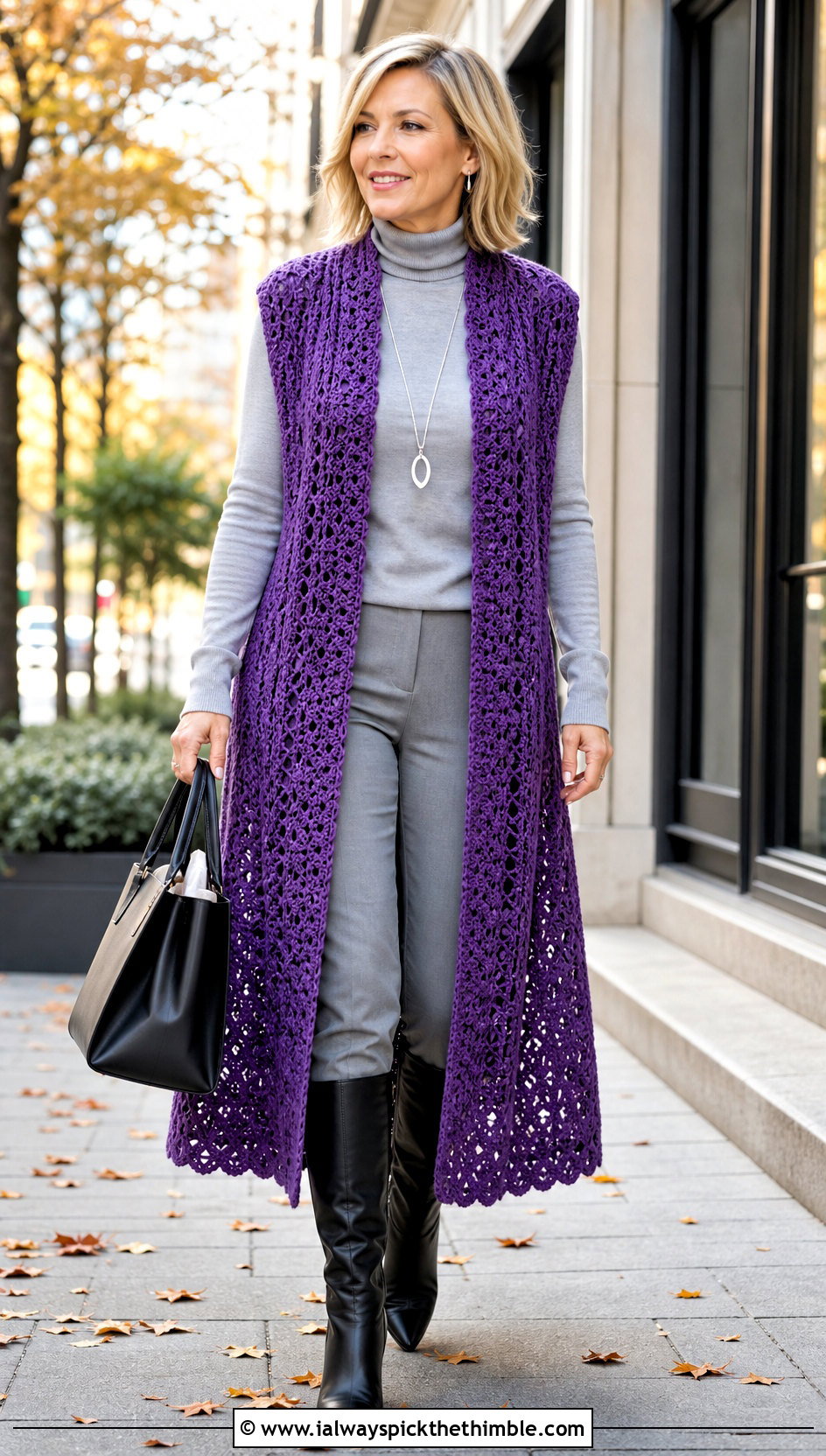 Longline Crochet Vest With Turtleneck And Slim Pants - 25 crochet vest for women outfit ideas