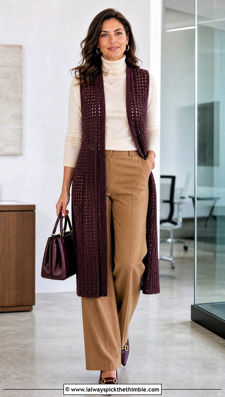 Longline Crochet Vest With Wide Leg Trousers - 15 Crochet Fall Vest outfit ideas