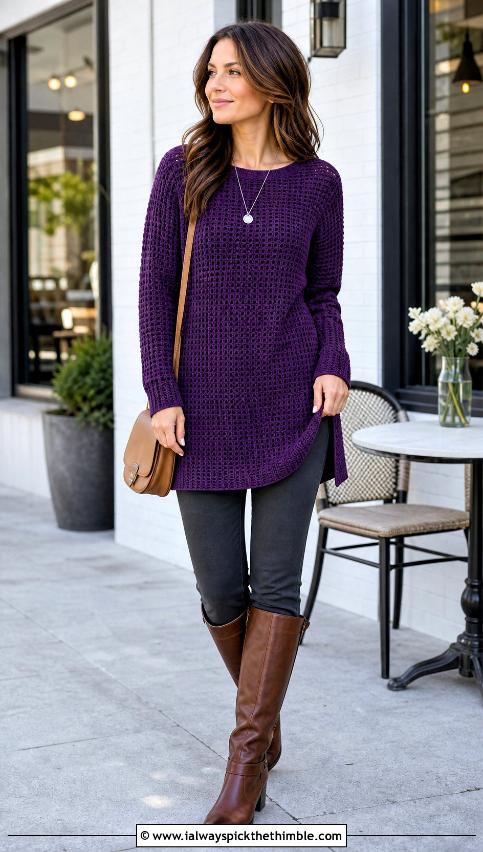 Longline Crochet Waffle Tunic Sweater With Slim Pants - 15 Crochet Waffle Sweater outfit ideas