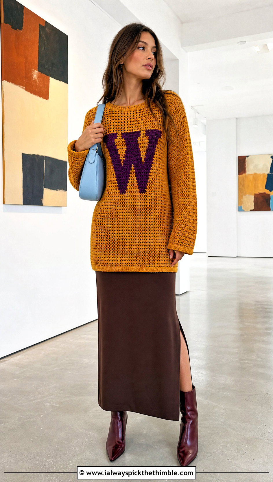 Longline Crochet Weasley Sweater With Column Maxi Skirt - 25 crochet weasley sweater outfit ideas