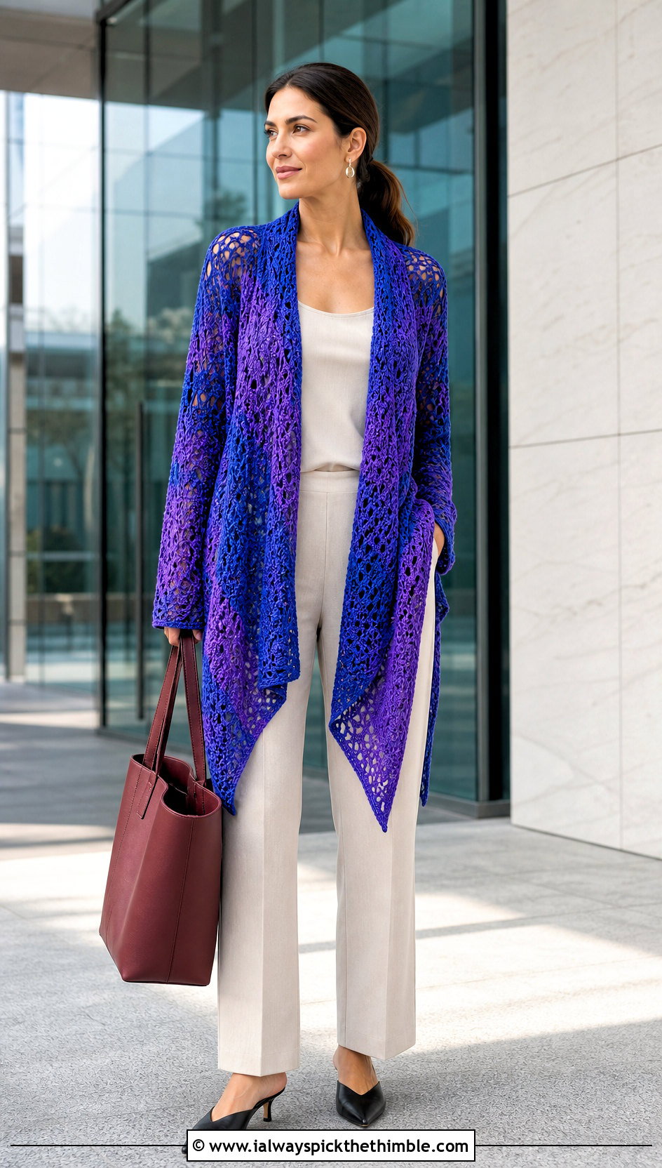 Longline Crochet Wrap Shrug With Monochrome Separates - 25 Crochet Wrap Shrug outfit ideas