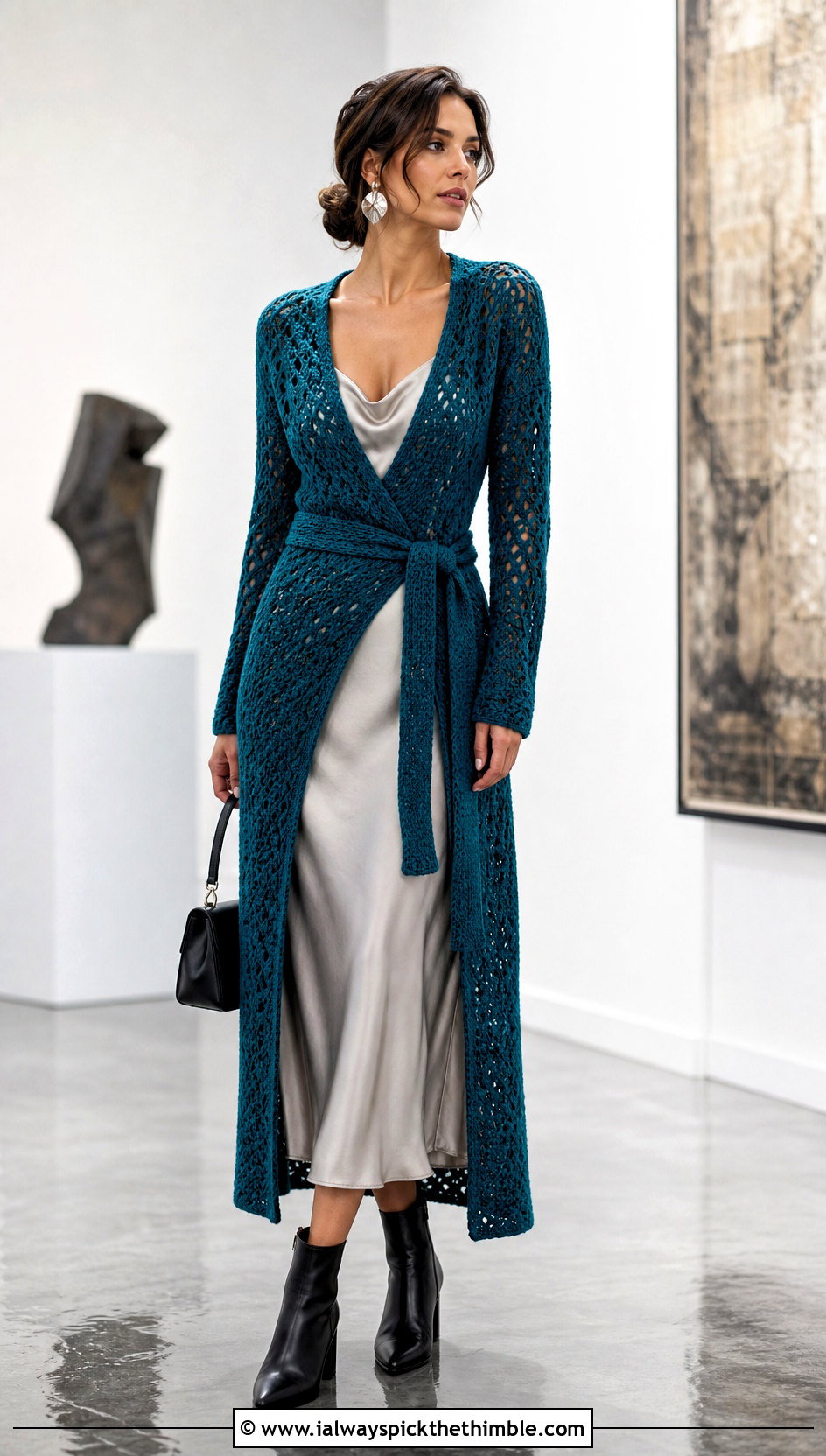 Longline Crochet Wrap Sweater With Slip Dress - 25 crochet wrap sweater outfit ideas