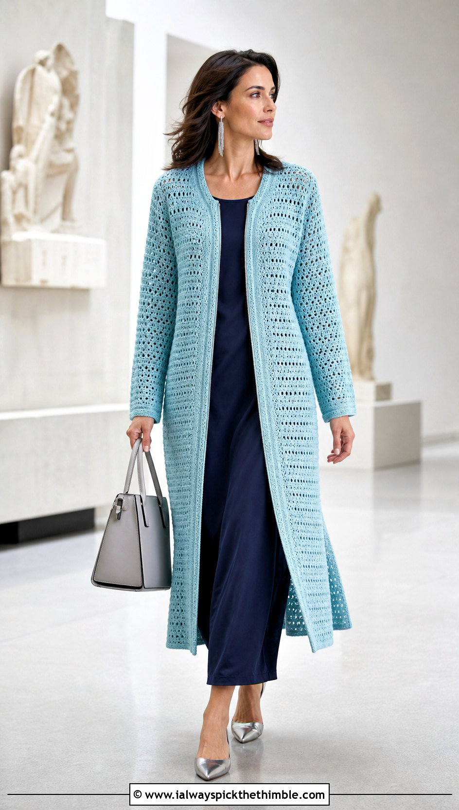 Longline Crochet Zip Jacket With Column Dress - 20 crochet jacket with zipper outfit ideas