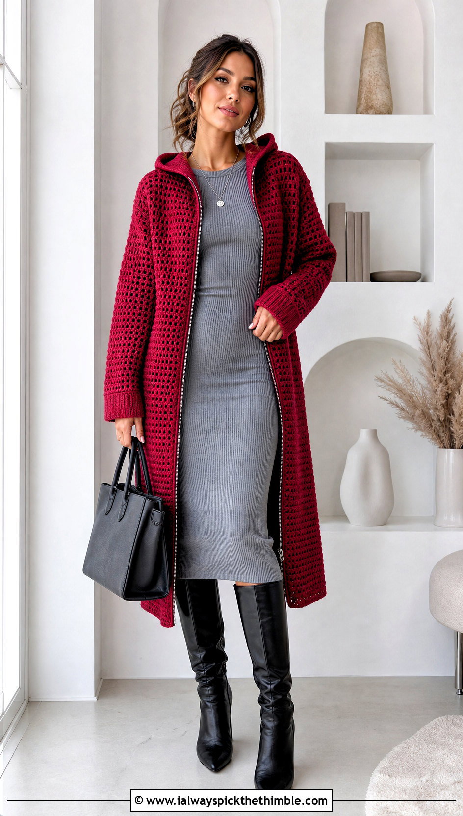 Longline Crochet Zip Up Hoodie With Knit Dress - 20 crochet zip up hoodie outfit ideas