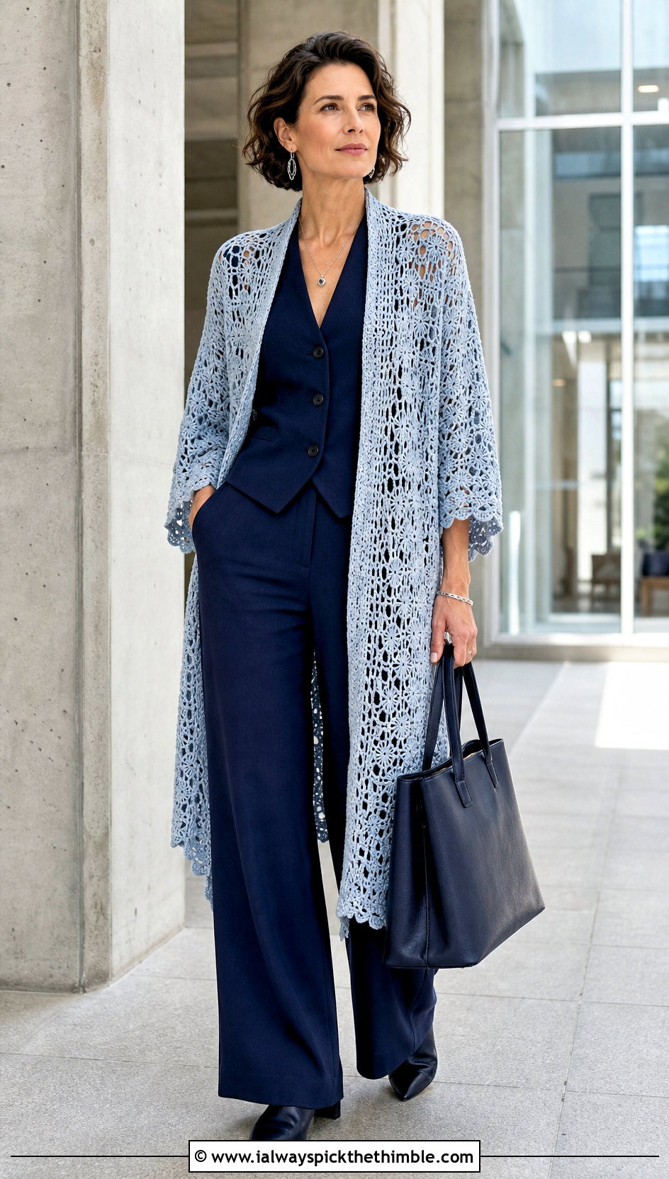 Longline Crocheted Ruana With Trouser Suit - 20 Crocheted Ruana outfit ideas