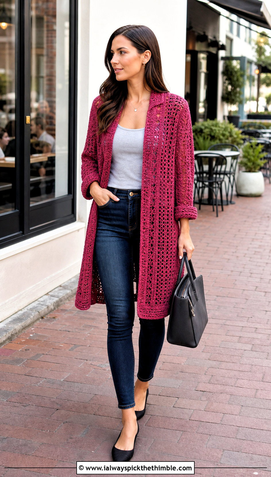 Longline Crocheted Shirt With Slim Jeans - 25 Crocheted Shirt outfit ideas