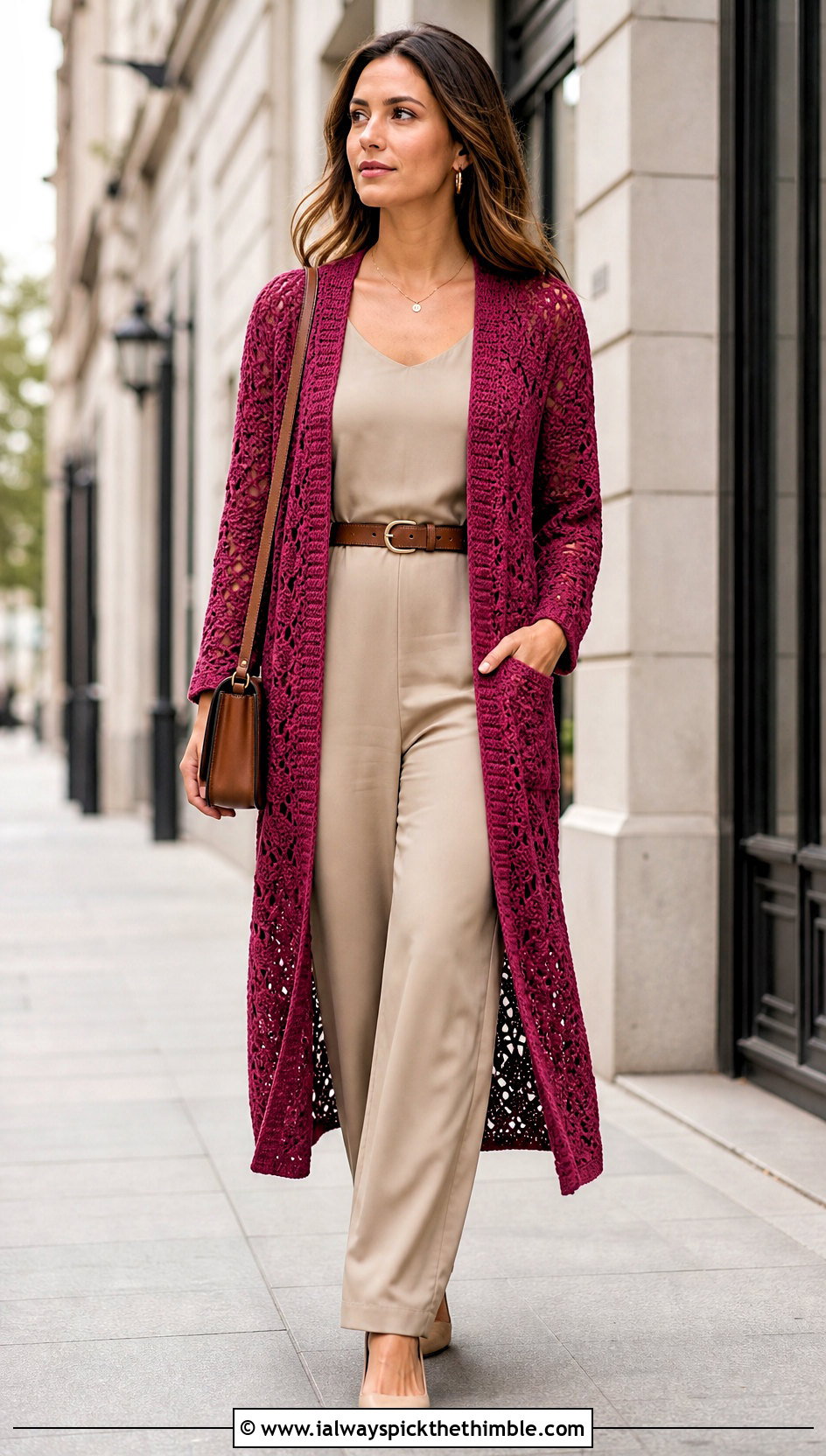 Longline Crocheted Sweater With Belted Jumpsuit - 25 crocheted sweaters outfit ideas