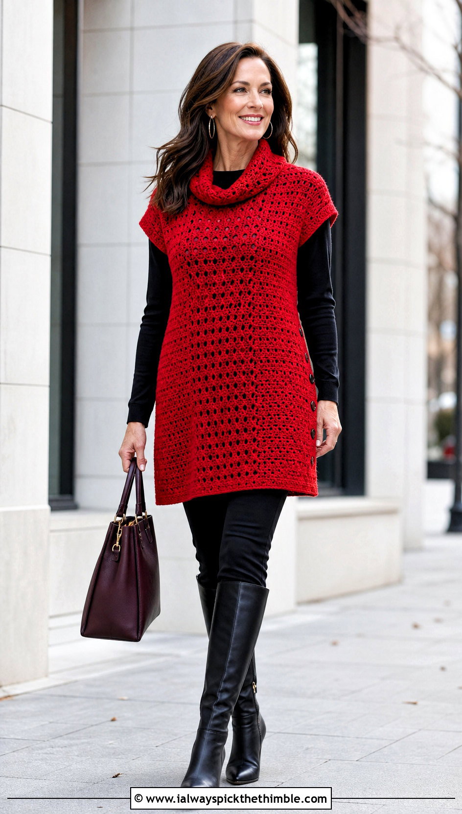 Longline Crocheted Tunic Sweater With Slim Pants - 20 Crocheted Sweater Outfit ideas