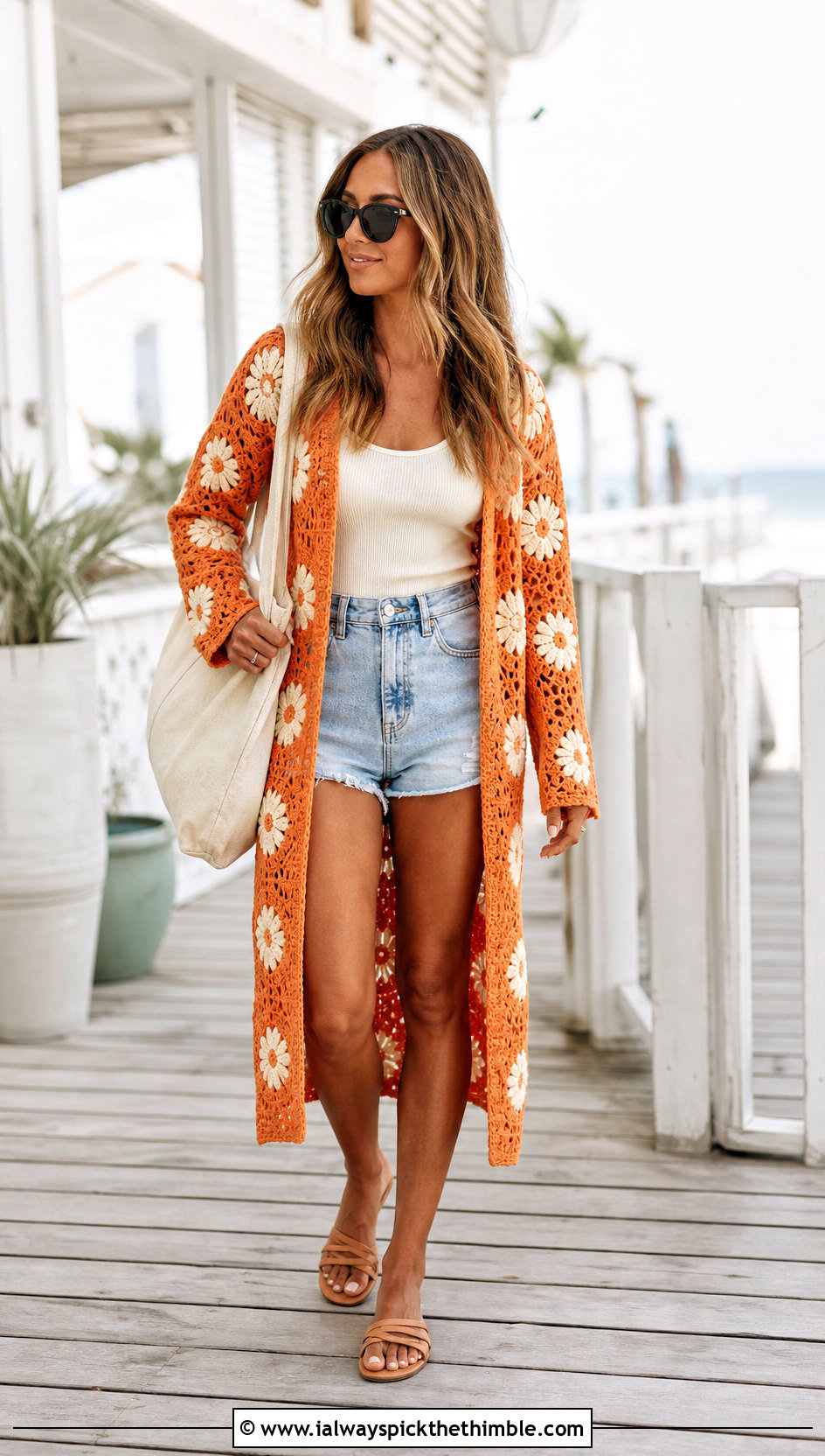 Longline Daisy Cardigan With Denim Shorts - 25 Crochet Daisy Cardigan outfit ideas