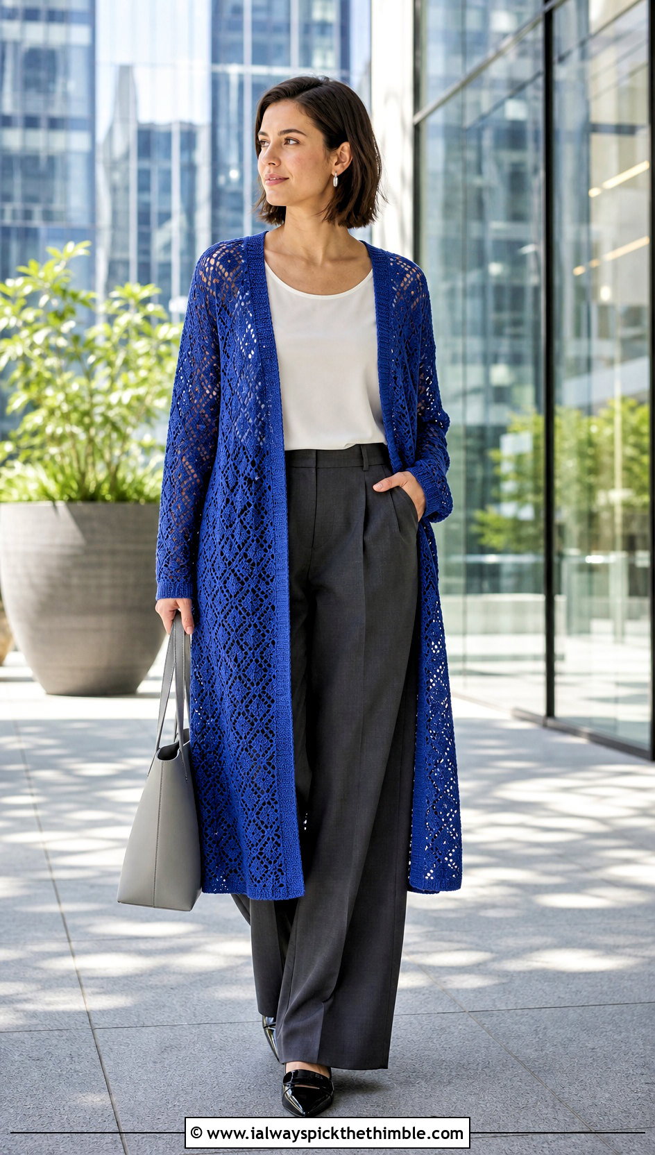 Longline Diamond Filet Crochet Cardigan With Tailored Trousers - 20 filet crochet cardigan outfit ideas
