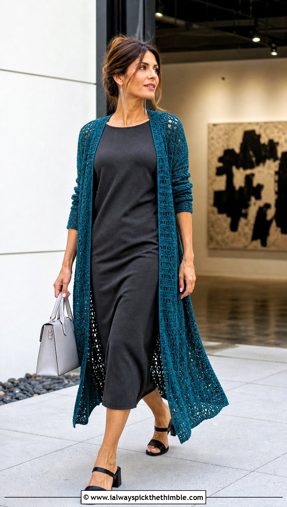 Longline Duster Crochet Cardigan With Column Dress - 15 Crochet Womens Cardigan Sweater outfit ideas