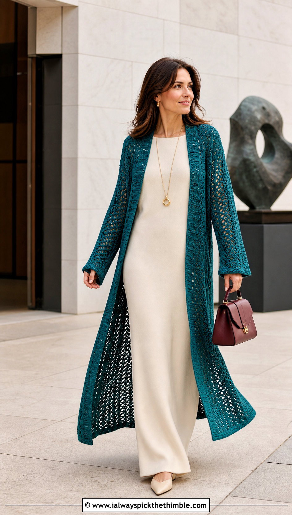 Longline Duster Crochet Cardigan With Column Dress - 20 crochet for cardigans outfit ideas