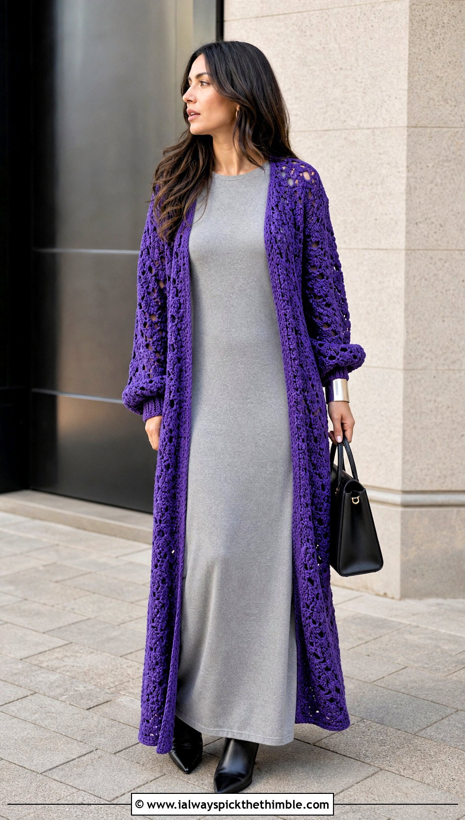 Longline Duster Crochet Cardigan With Column Dress - 20 Simple Crochet Cardigan For Women outfit ideas
